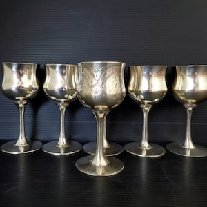 Vintage silver plated Etched metal goblets shot glasses. Italian vintage footed metal Liquor-glasses. Wedding gift. Barware metal stemware
