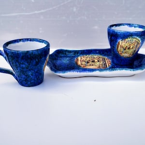 Vintage set of 2 souvenire ceramic espresso coffee cups with mini tray. 2 Espresso coffee mugs Made in Italy. Grotte di Castellana