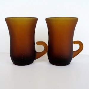 2 or 4 Vintage brown frosted glass espresso coffee cups, Italian 60s liqueur amaro digestive glasses, frosted glass shots with handles,