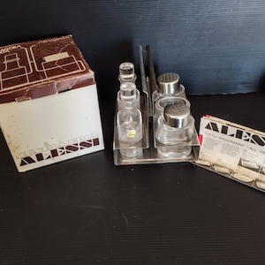 Novo conjunto de condimentos vintage da Alessi, óleo italiano dos anos 70, vinagre, sal, pimenta e palitos de dente, conjunto de especiarias de mesa em aço inoxidável \ cristal
