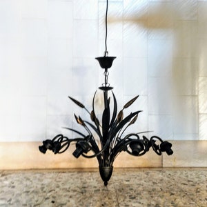 SUPER RARE Vintage Hollywood Regency style black Chandelier Wheat Sheaf 8 Lights, Large Wheat Ear Ceiling lamp, Home Lighting, Made in Italy