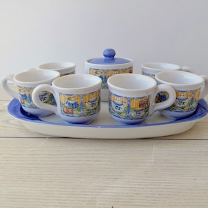 Vintage ceramic hand-painted coffee set of 6 cups, lidded sugar bowl and tray by Famous Italian brand Tiriduzzi Deruta Ceramics