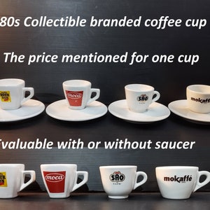 Collectible Vintage classic heavy white porcelain bar coffee cups. Espresso coffee mugs for collection. Branded coffee cup made in Italy 80s