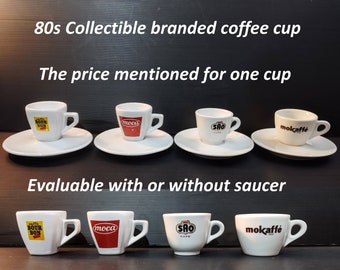 Collectible Vintage classic heavy white porcelain bar coffee cups. Espresso coffee mugs for collection. Branded coffee cup made in Italy 80s