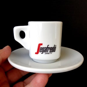 Vintage collectible &quot;Segafredo&quot; classic heavy white porcelain branded coffee cups by Zanetti and saucers , Italian Espresso coffee mugs