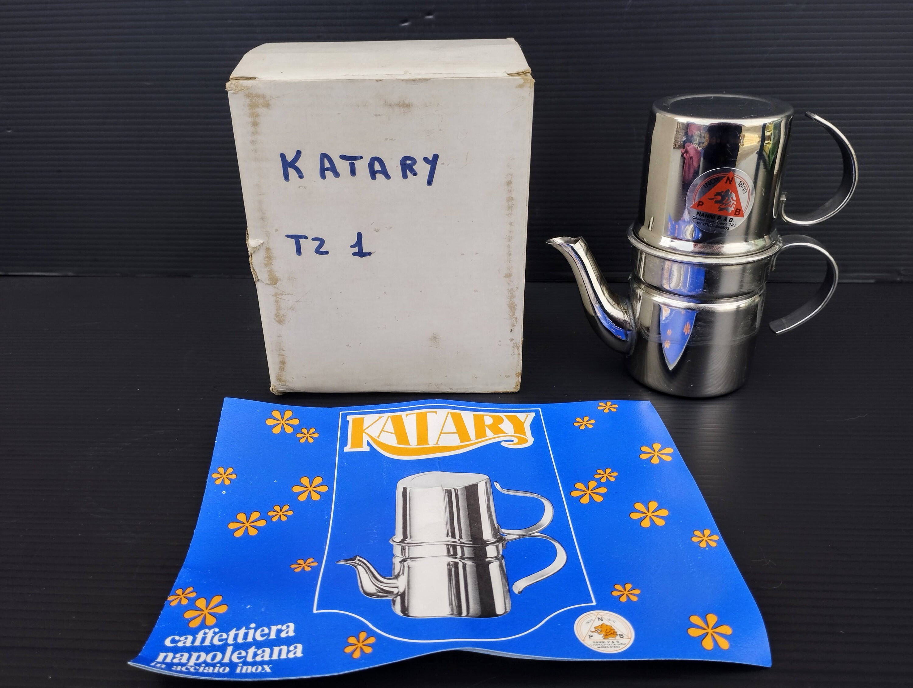 Italian Brand new Vintage small inox espresso coffee maker "Katary" by Nanni for 1 cup. INOX Neapolitan espresso coffee pot