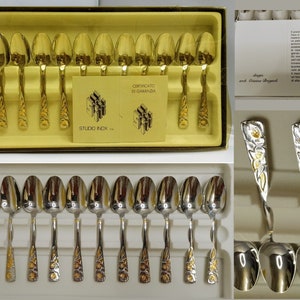 May include: A set of 12 silver teaspoons with gold accents and floral designs. The spoons are in a box with a label that reads "Studio Inox" and "Certificato di Garanzia".