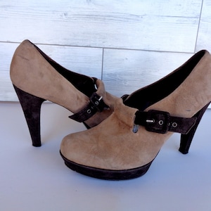 Vintage Handcrafted Italian suede leather shoes. Stylish Fancy shoes cappuccino and dark chocolate colors.
