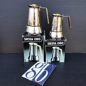 Cafetière expresso geyser en inox vintage neuve avec plaque de cuisson dans sa boîte d'origine « Siesta Oro » par SG en 2 tailles. Or 24 carats