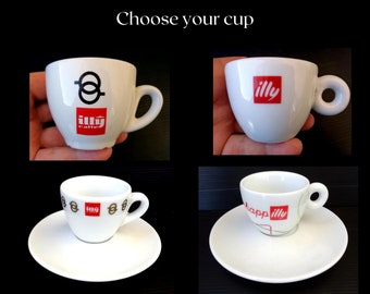 Collectible Vintage 80s classic &quot;Illy&quot; heavy white porcelain bar coffee cups marked NCF . Espresso coffee mugs. Made in Italy