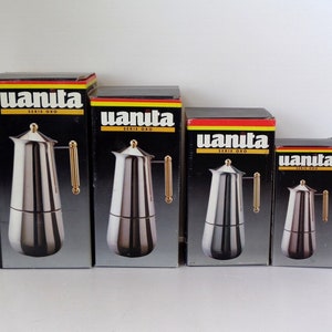 Cafetière expresso geyser en inox vintage neuve avec plaque de cuisson, dans sa boîte d'origine, série Gold « UANITA » pour 8, 6, 4 ou 2 tasses. WOW cadeau !