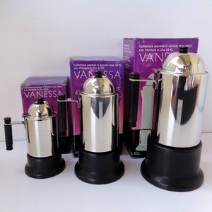 Cafetière expresso geyser en inox vintage avec cuisinière italienne neuve dans sa boîte d'origine « VANESSA » par ALPU pour 6, 4 et 2 tasses. Cadeau idéal !