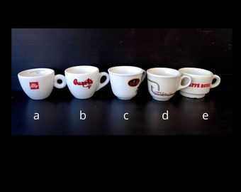Collectible Vintage classic heavy white porcelain branded coffee cups, Collectible Espresso coffee mugs of 80s, Made in Italy