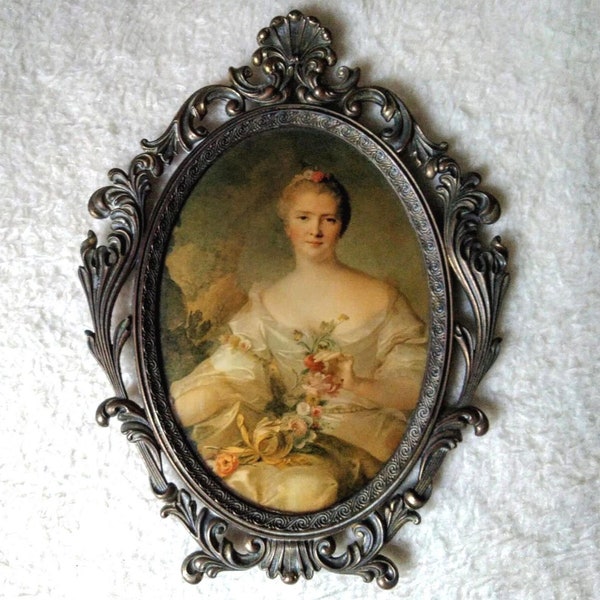 Antiques Oval Brass Ornate Photo Frame with Victorian Lady painting, Art Nouveau Oval ornate Wall Decor, Italian antiques