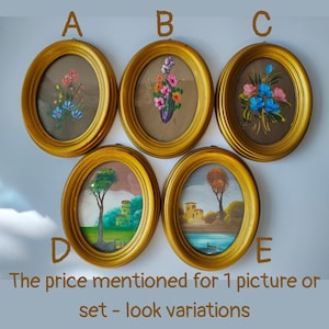 Vintage small floral or scenery original painting in gilded oval wood frame with the glass, Italian vintage glassed oval wood frame