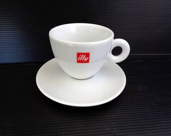 Vintage classic heavy white porcelain bar coffee cup with saucer marked "illy". branded espresso coffee mugs. Italian design