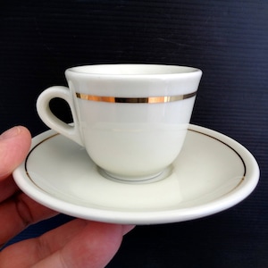 Vintage set of 2 classic heavy white (ivory) porcelain bar coffee cups and saucers. Gold rim Espresso coffee mugs. Made in Italy