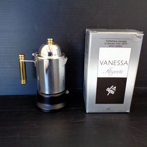 Machine à café expresso geyser « Vanessa Argento » pour 2 tasses, italienne, neuve, en métal argenté, avec dessus en inox, par Alpu puppieni, pour 2 tasses.