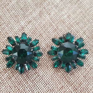Vintage Schreiner Earrings Marked Rhinestone Emerald Green Glass