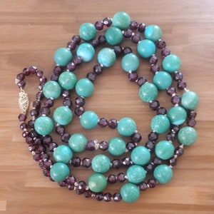 Vintage Turquoise Garnet Bead Necklace 14k Gold Clasp 34&quot;