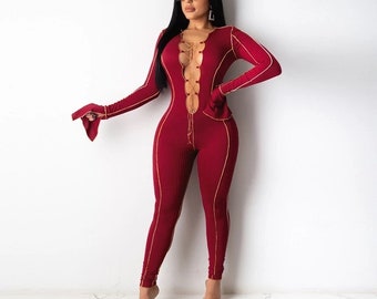 red lace up jumpsuit