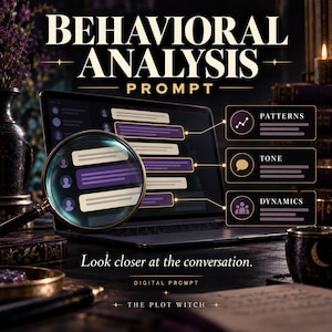 May include: A digital prompt titled BEHAVIORAL ANALYSIS featuring a laptop screen with chat bubbles, a magnifying glass, and three side panels labeled PATTERNS, TONE, and DYNAMICS. The text reads Look closer at the conversation and THE PLOT WITCH.