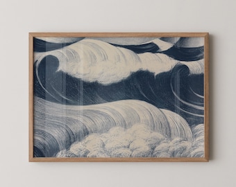 May include: A framed print featuring a stylized depiction of ocean waves. The artwork uses shades of blue and cream to create a sense of depth and movement. The waves are rendered with detailed lines, and the print is encased in a wooden frame.