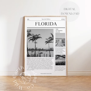 Stampa artistica della Florida / Download digitale / Poster di stato / Stampa artistica di giornali / Bianco e nero / Arte di grandi dimensioni / Arte murale minimalista / Vintage /USA