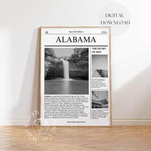 Impression d’art de l’Alabama | Téléchargement numérique | Affiche d’État | Impression d’art de journal | Noir et blanc | Grand Art | Art mural minimaliste | millésime |États-Unis