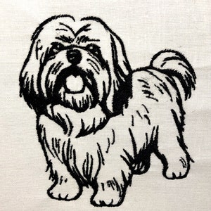 May include: Black and white line drawing of a Shih Tzu dog with a fluffy coat and a happy expression.
