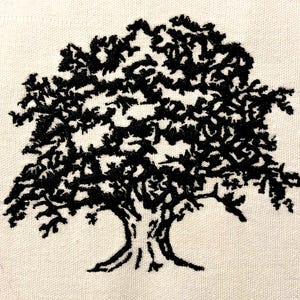 Könnte beinhalten: Schwarzes gesticktes Design eines Baumes auf weißem Canvas-Hintergrund.