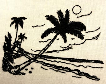 May include: Black and white embroidered design of palm trees and a beach scene. The design features a large palm tree in the foreground, with two smaller palm trees in the background. The beach is represented by a series of wavy lines.