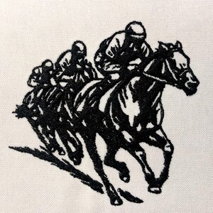 May include: Black and white embroidered image of three jockeys riding horses in a race. The horses are in mid-stride, with their legs extended. The jockeys are wearing helmets and riding jackets.