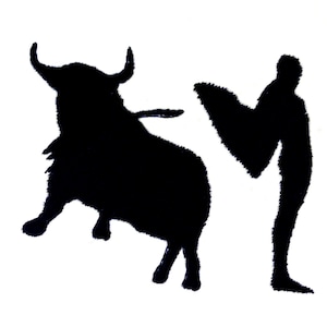 May include: A black silhouette illustration of a bull and a matador on a white background. The bull is charging forward, and the matador is holding a cape. The image is a simple, bold design.