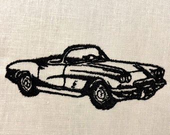 May include: Black and white line drawing of a classic convertible car with a rounded hood and a single windshield. The car is facing the right side of the image.