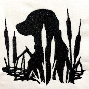 May include: Black silhouette of a dog standing in tall grass. The dog is looking to the left of the image. The grass is tall and thin, and the dog's silhouette is very detailed.