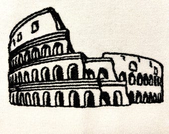 May include: Black and white line drawing of the Colosseum, a famous Roman amphitheater.