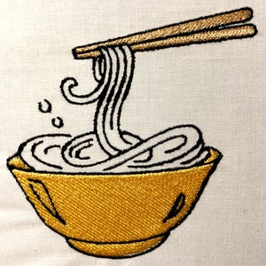 May include: A bowl of noodles with chopsticks lifting a strand of noodles out of the bowl. The bowl is yellow and the noodles are white.