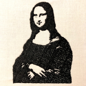 May include: Black and white embroidered image of the Mona Lisa, a famous painting by Leonardo da Vinci.
