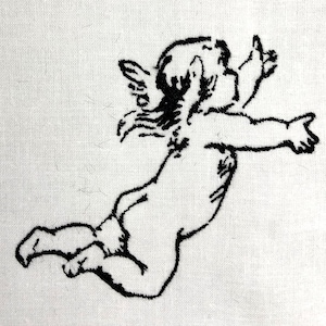 Puede incluir: Dibujo en blanco y negro de un querubín con alas, volando con un brazo extendido y el otro apuntando hacia arriba.