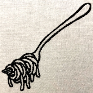 May include: A black and white line drawing of a spoon with spaghetti on it. The spoon is curved and the spaghetti is coiled on the spoon.