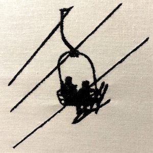 May include: A black and white line drawing of a ski lift with a gondola carrying people. The gondola is suspended from two cables.