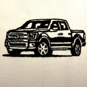 May include: Black and white embroidered image of a pickup truck.