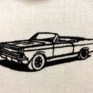 May include: Black and white line drawing of a classic convertible car. The car has a rounded hood and a long, flowing body.