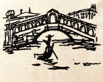 以下が含まれることがあります： 運河にかかる橋と、手前にゴンドラが描かれた、白黒の刺繍画像です。