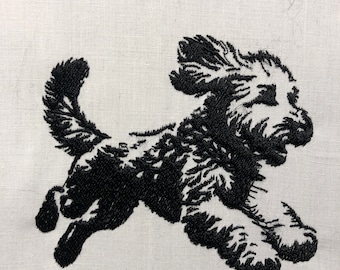 May include: Black and white embroidered image of a dog running. The dog is in a stylized, cartoon-like style.