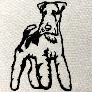 May include: Black and white line drawing of a wirehaired fox terrier dog sitting with its legs crossed.