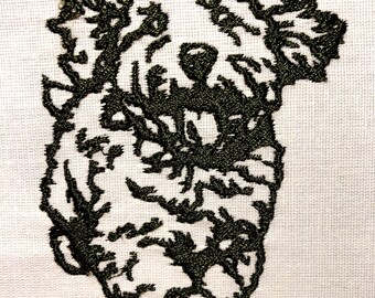 May include: Embroidered design of a dark green island with a jagged coastline. The island is outlined in black thread.