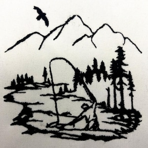 May include: Black and white line art illustration of a person fishing in a lake with mountains and trees in the background.
