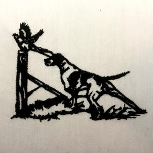 May include: Black and white illustration of a dog jumping over a fence with a bird in its mouth.